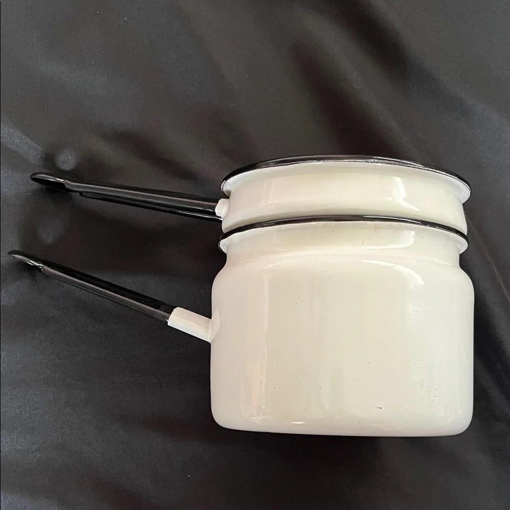 Vtg White W/Black Trim Enamelware Double Boiler Farmhouse Chic *NO LID*